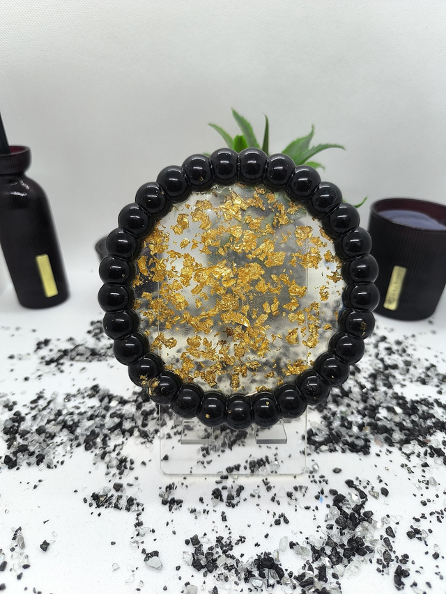 Plateau rond bubble noir et feuilles d'or 