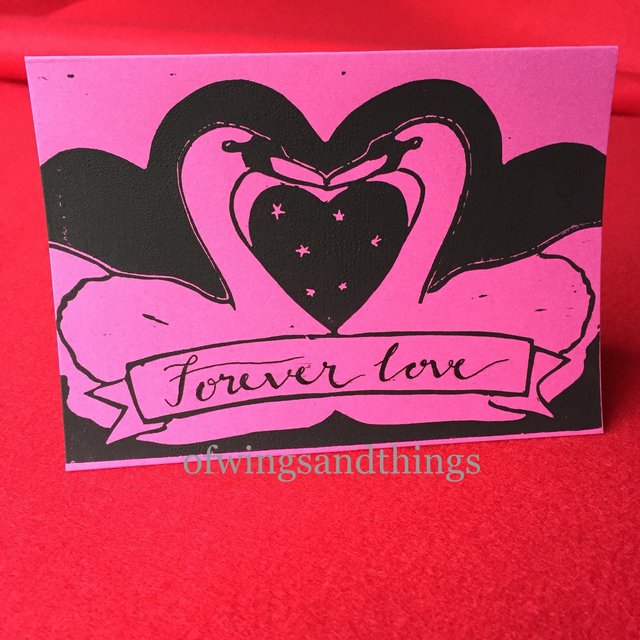 Lino print Swan card with message