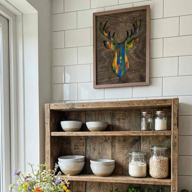 Tableau “Tête de Cerf” – Bois découpé & fond coloré – Pièce artisanale