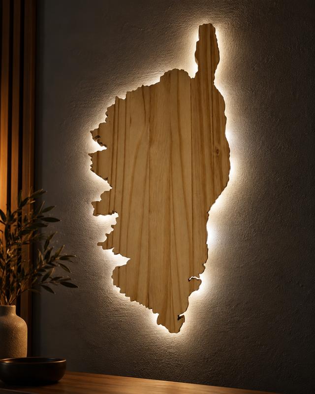 Carte de la Corse en bois – Décoration murale lumineuse LED
