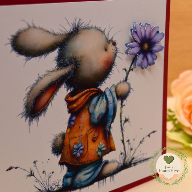 Whimsical Bunny 5 x 5 Card | Purple Flower Illustration on Deep Red Base