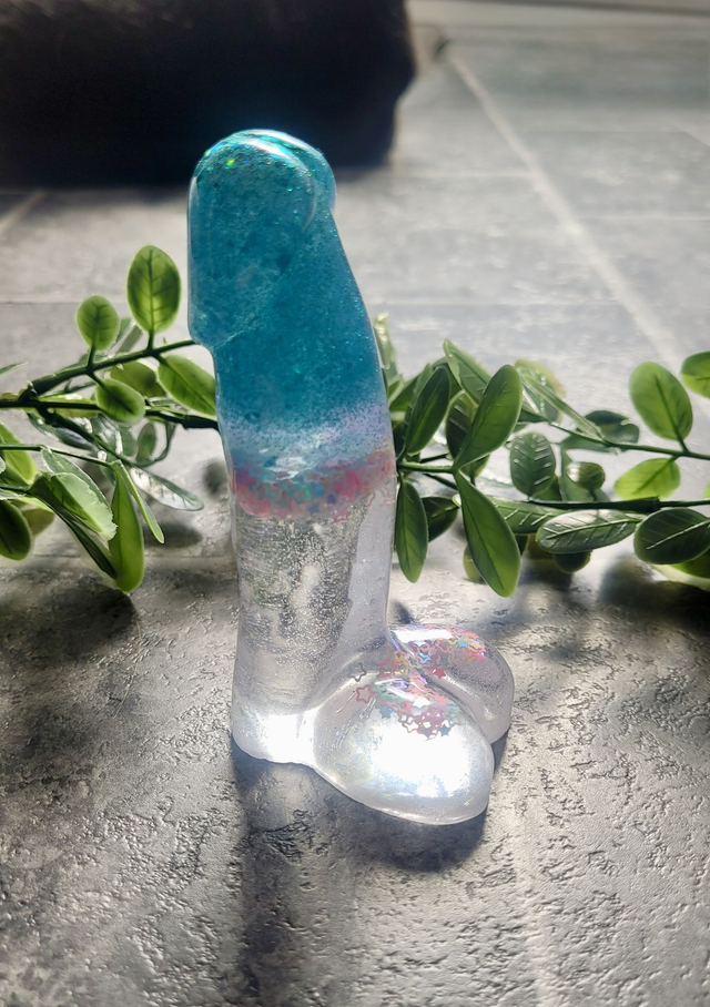 Penis Ornament - Blue Glitter &amp; Clear with Pastel Holographic Star Confetti - 12cm