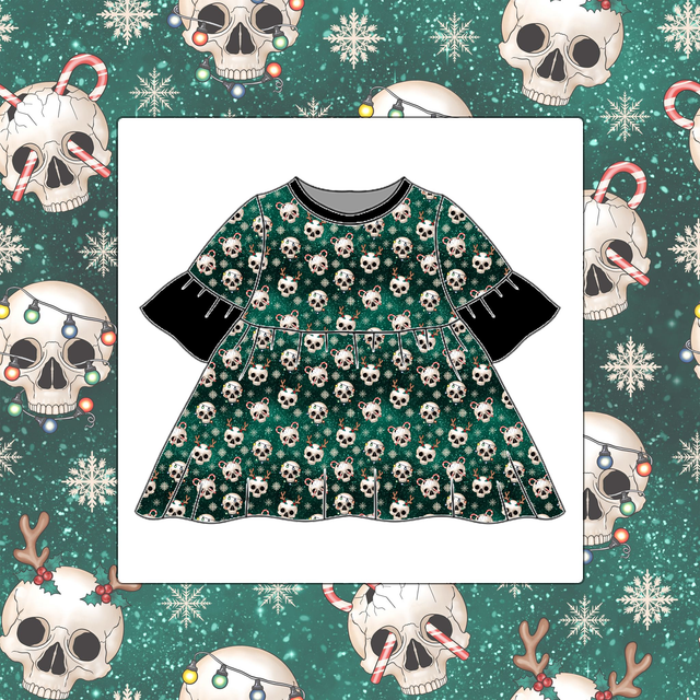 Christmas Green Skulls Childrens Bell Sleeve Dress