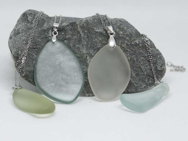Medium-to-large sea glass pendant necklaces on sterling silver plated chain