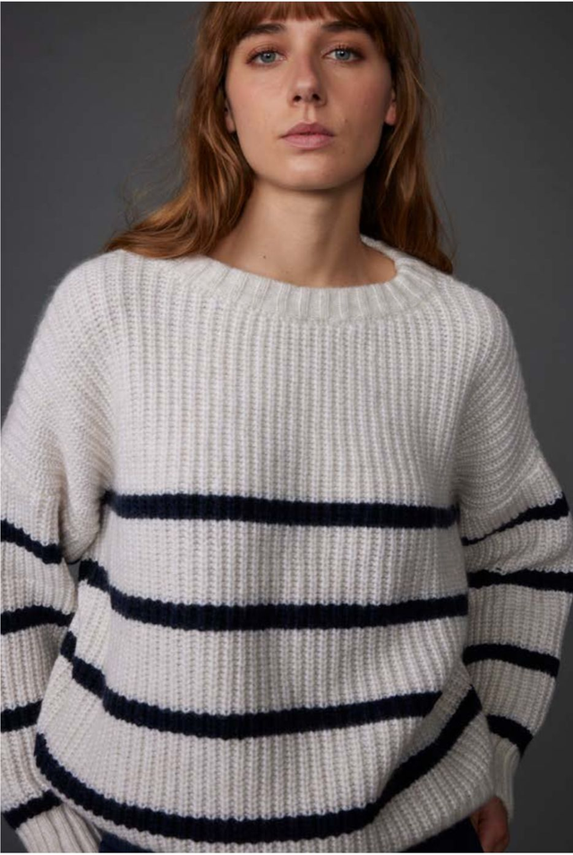 Ecru/Navy Stripe Merino Blend Slouchy Sweater