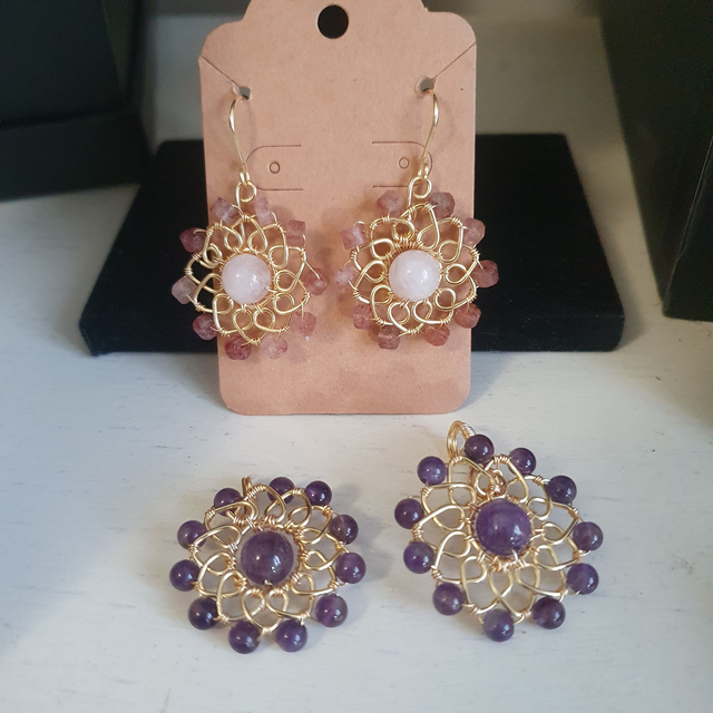 Boucles d&#039;oreilles Rosace cuivre doré/Quartz rose/Quartz fraise 