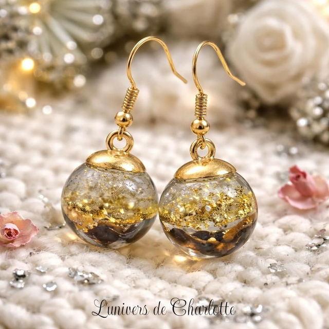 Boucles d'oreilles "Oeil de tigre" boule de verre BO-205