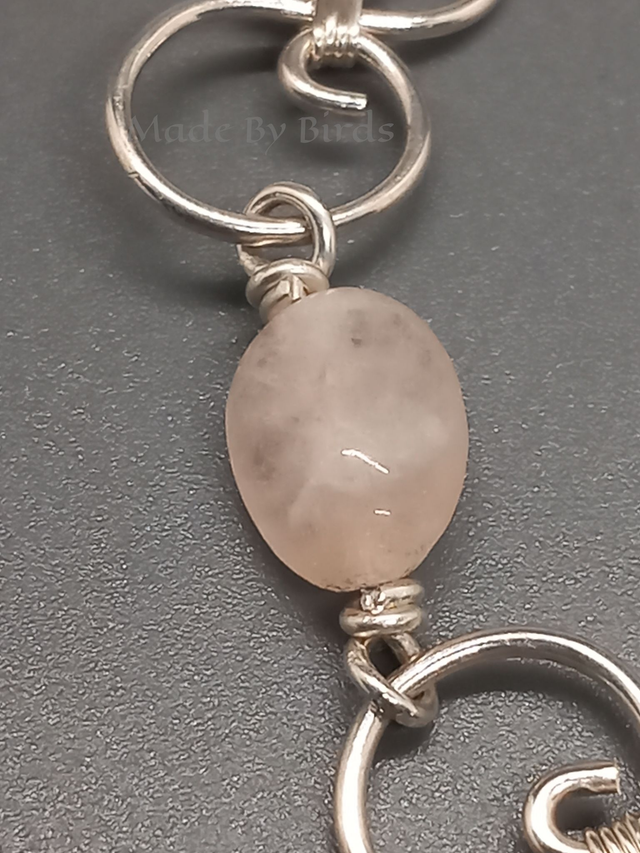 Hand Forged Sterling Silver Bracelet With Morganite Beads and Swirl Elements