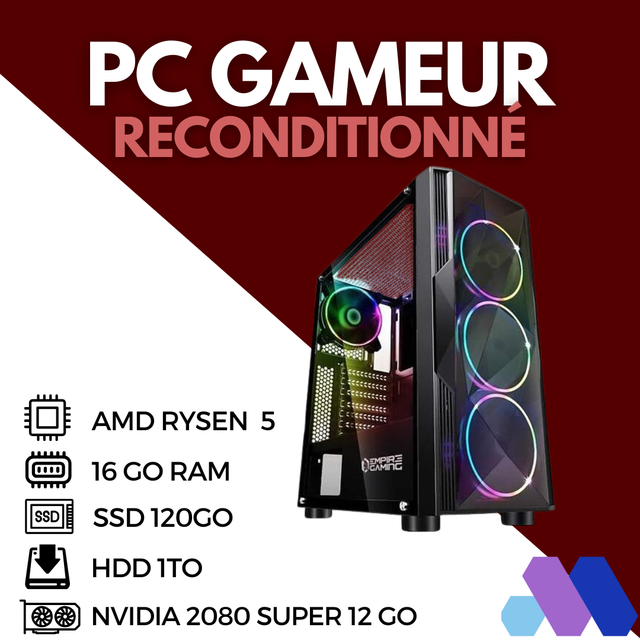 [ RECONDITIONNE ] - PC GAMEUR - AMD RYZEN 5 - 16Go de RAM - SSD 120Go - HDD 1TO - NVIDIA 2080 SUPER 12GO