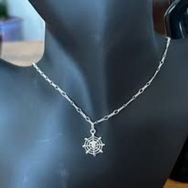 Stunning Sterling Silver Spider’s Web Pendant on a Dainty Silver Figaro Chain