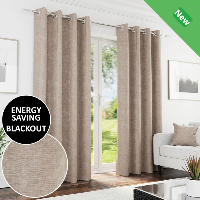 Enhanced Living Knightsbridge Sand 100% Blackout Chenille Readymade Eyelet Curtains