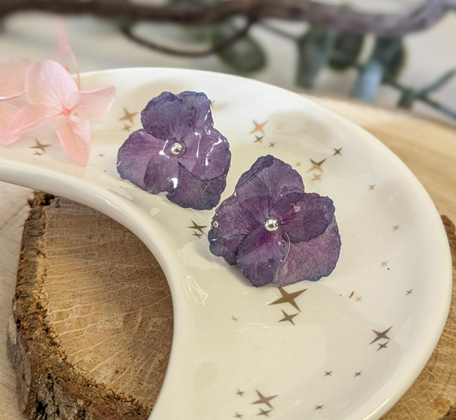 Pendientes de botón de hortensias azules 