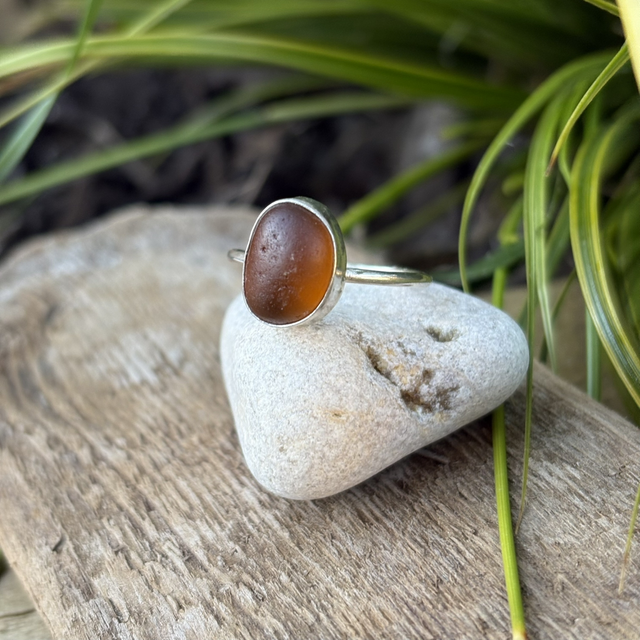 Amber Seaglass & Recycled Silver Ring Size Q