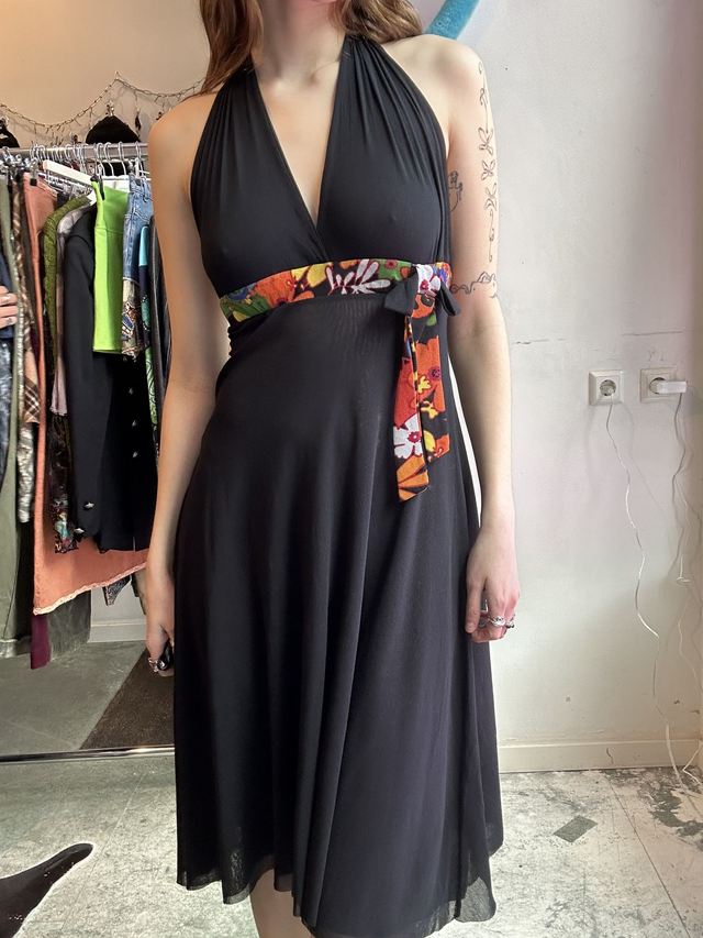 black midi halter dress with attached colorful belt