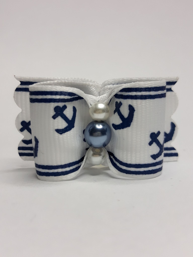Noeud pour chien fantaisie blanc et bleu ancre marine perle
