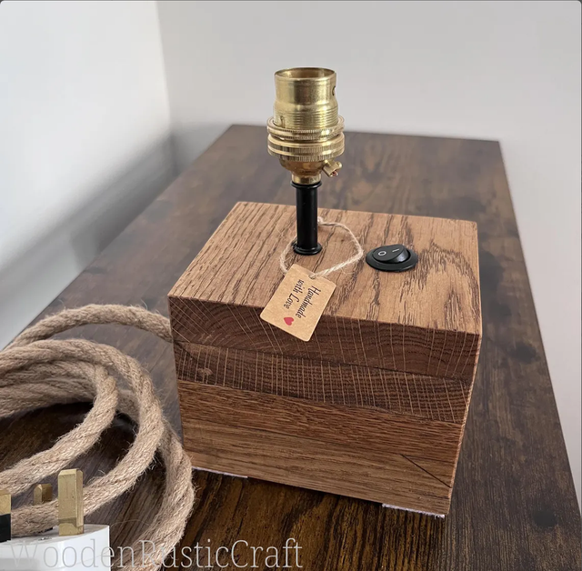 Country Style Solid Oak Lamp Base — Vintage Brass Fitting