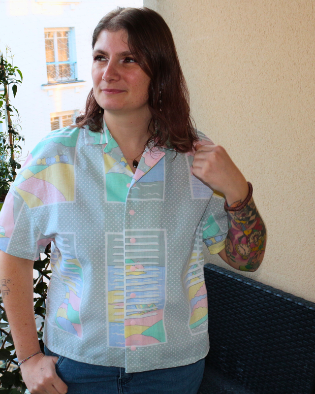☁️ Chemise Upcyclée – « Douceur Pastel & Pois » – Taille 36