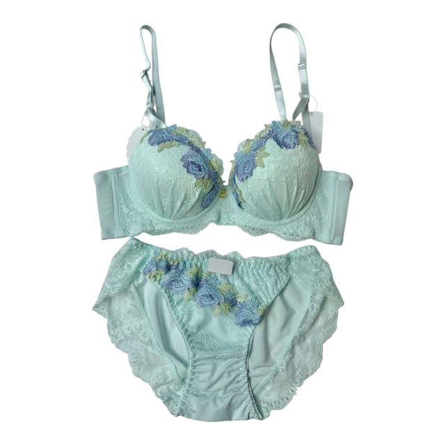 Blue/ mint green Floral Japanese Bra + Underwear Set UK 34B   (1)