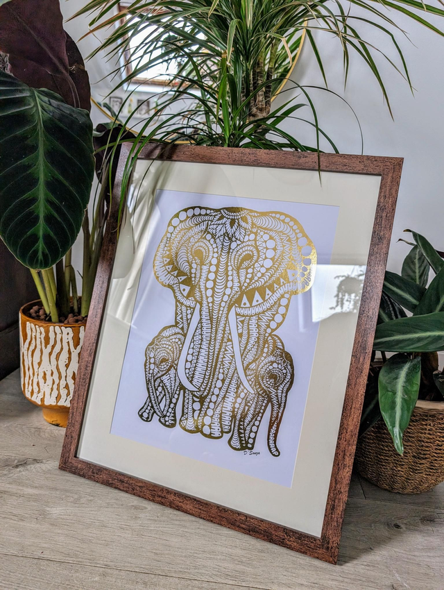 Elephant Mum and Babies Foil Print