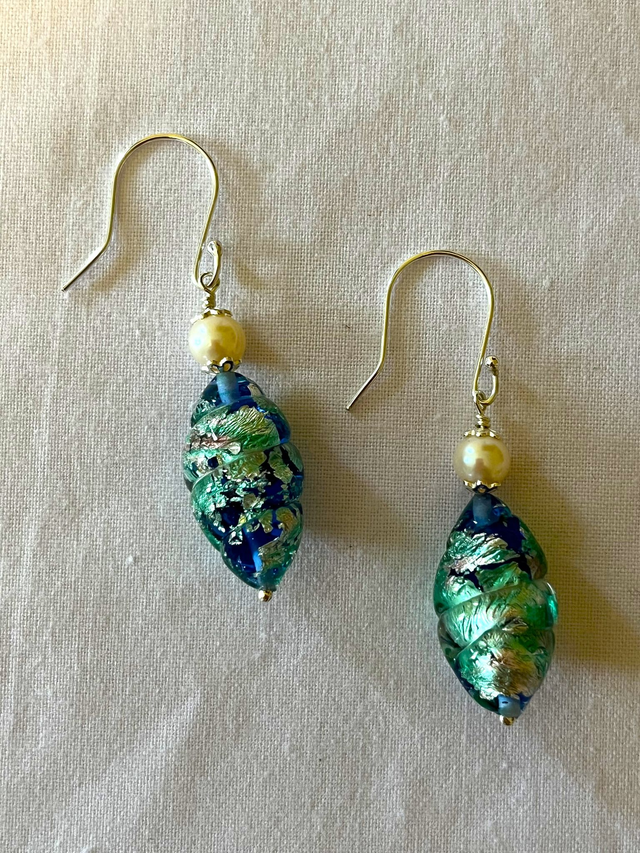 Freshwater Pearl and Murano-Style Glass Drop Earrings
