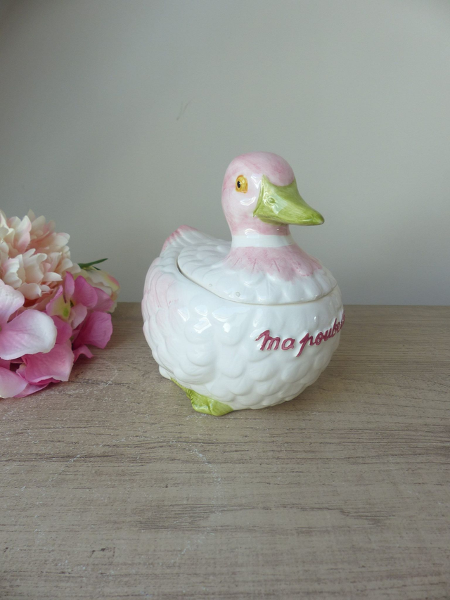 Poubelle de Table Vintage en Barbotine – Canard en Céramique Rose, Blanc et Vert – Vide-Poche ou Boîte Décorative Originale pour Cuisine