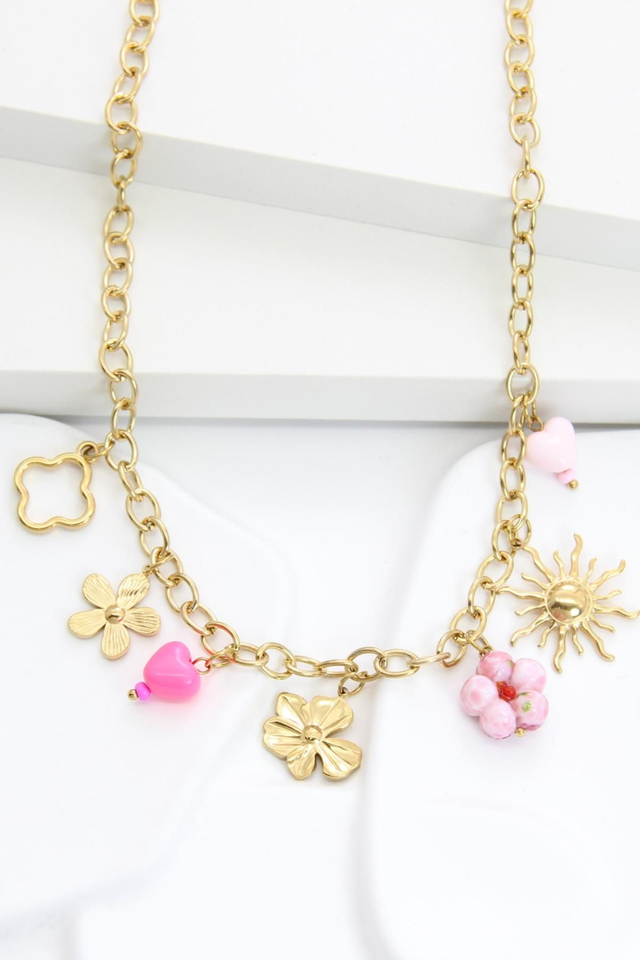 Collier acier inoxydable doré charms fleurs, cœur et soleil