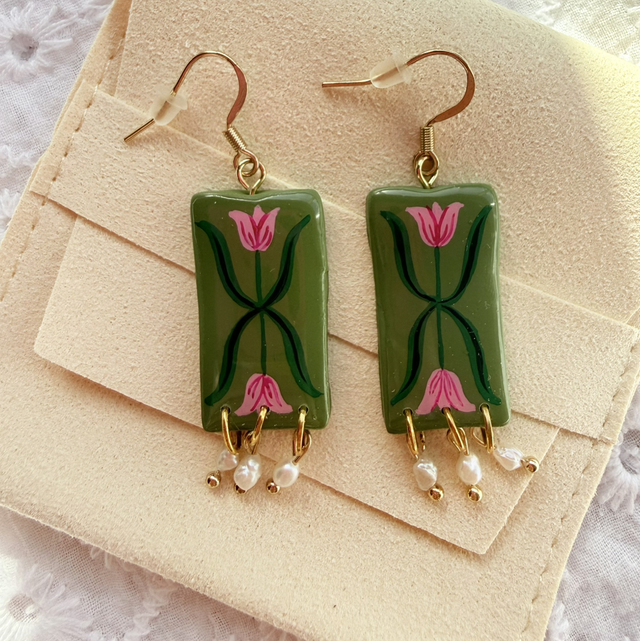 Pink Tulip Olive Green Rice Pearl Drop Earrings