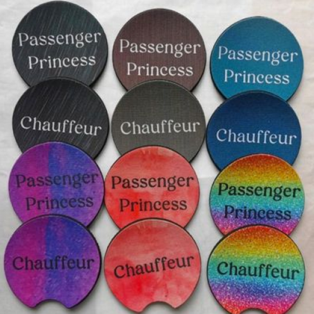 Pack of 2 Chauffeur &amp; Passenger Princess Car Cup Holder Coasters - Universal Fit Coasters - 6 Designs To Choose From