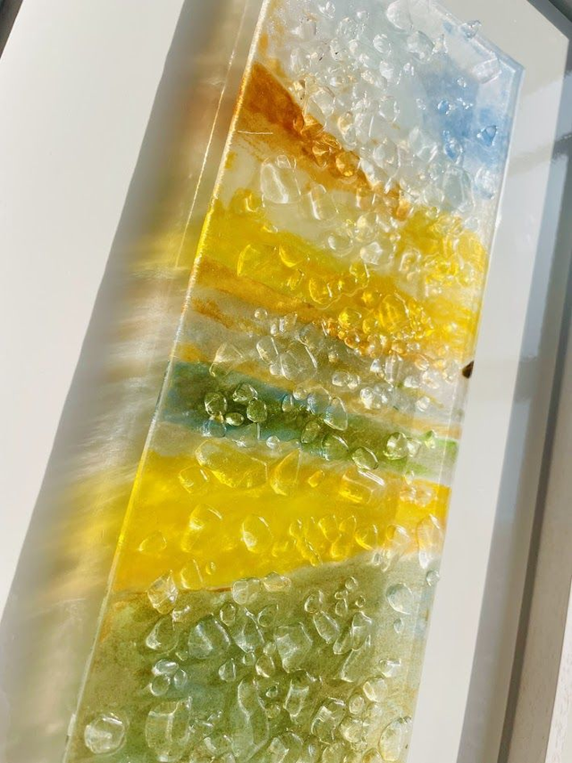 Strandkunst Glaspaneel 12x30 - op wit aluminium 20x40 - in wit houten baklijst 23x34 - Glasschildering met reliëf (1)