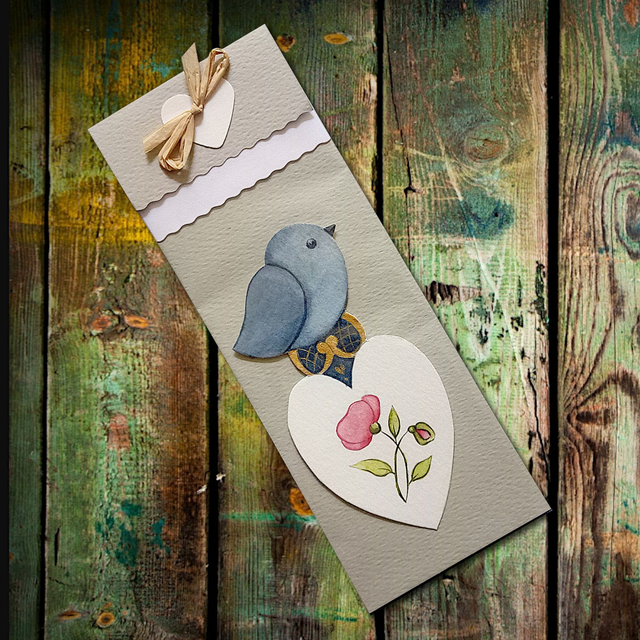 Marque-page aquarelle "Coeur &amp; Oiseau bleu" - Coquelicots 