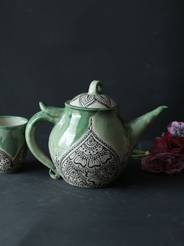 XL 2 Liter Teapot, one-of-a-kind, green mandala
