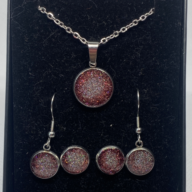 Glitter stud, dangly earring and necklace gift set