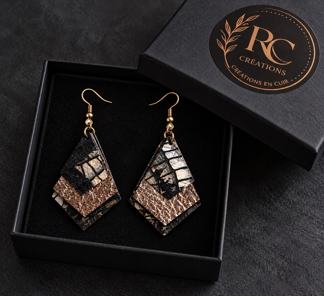 Éclat Cuivré – Boucles d’oreilles en cuir noir et bronze aux formes géométriques