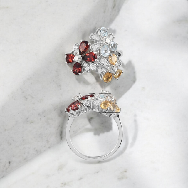 Mozambique Garnets & Multicoloured Gemstones Platinum Filled Ring.
