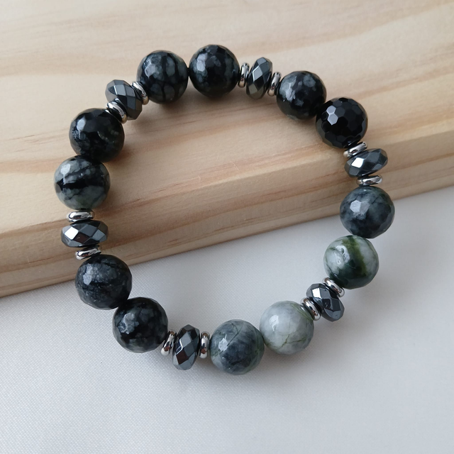 Heren Edelsteen Armband Jaspis, Onyx & Hematiet – met Stainless Steel – Elastisch & Handgemaakt (2.048)
