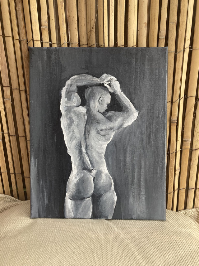 Origineel schilderij “Mannelijk naakt rugzijde”  shades of grays Krista Kitsz Acryl op Stretched Canvas, klein kunstwerk 