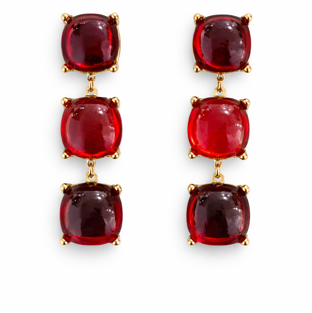 Pendientes acero dorado triple rubí 