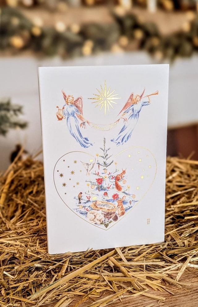 Carte double Sapin de Noël et anges