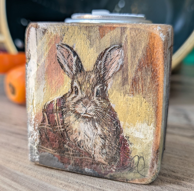 Rabbit wrapped in a checked blanket - Tealight Holder Reclaimed Wood