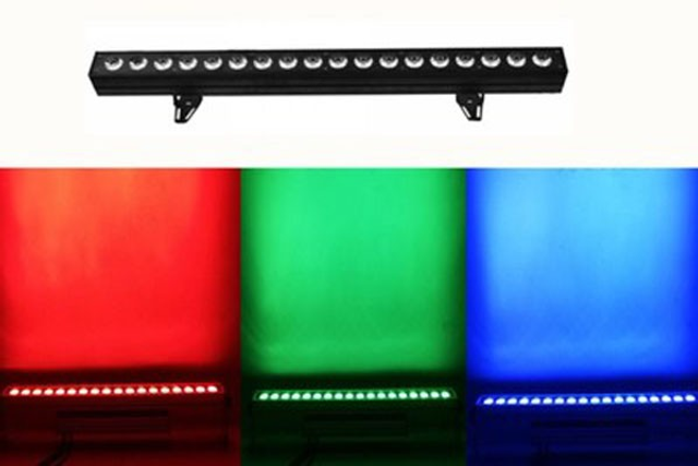 BAÑADOR DE PARED IP-65, Panel de leds RGBWA LINEAL. Nº de leds: 18 de 12W (5in1). DMX, Master/Slave y Automático.