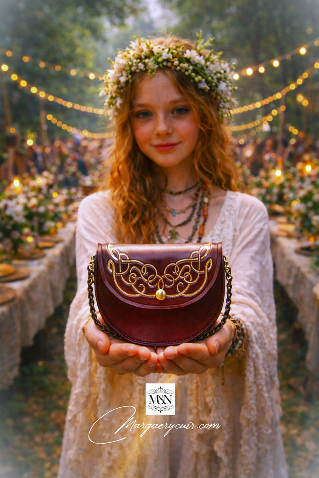 Pochette en cuir repoussé, motif d'arabesques féériques