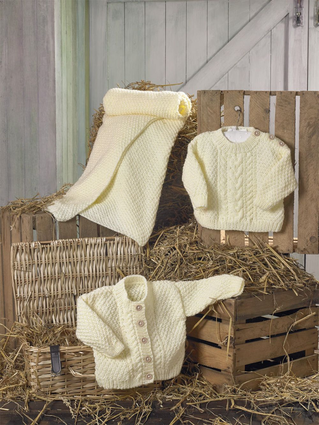 JB783 Baby Aran Sweater, Cardigan and Blanket Pattern 