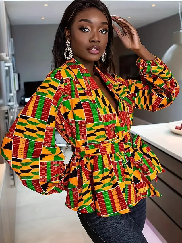 Women's African-Inspired Geometric Print V-Neck Shirt 