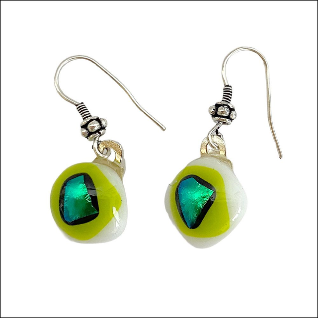 Earrings in white, lime green and emerald coloured dichroic glass (Ref ED 2)