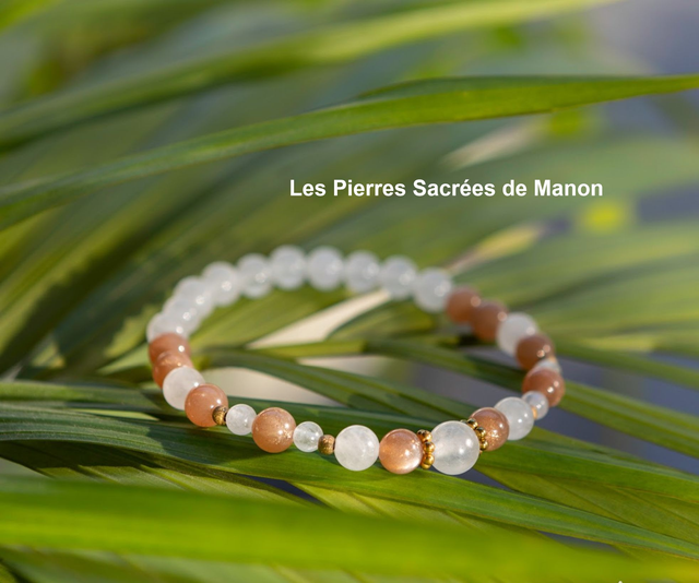 Bracelet Pierre du soleil et Jade Blanc - Perles de 6mm