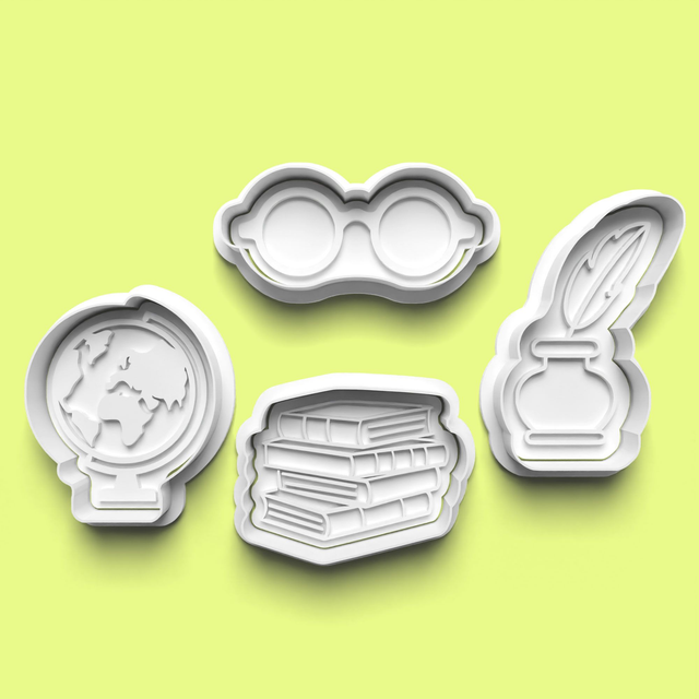 Reading Book Cookie Cutter Embosser Set of 4 Cutters &amp; Stamps Biscuit Mould Debossed Sugar Biscuits
