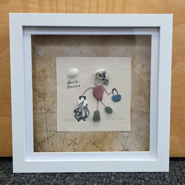 'Love to travel' Sea glass Art 18x18cm framed.