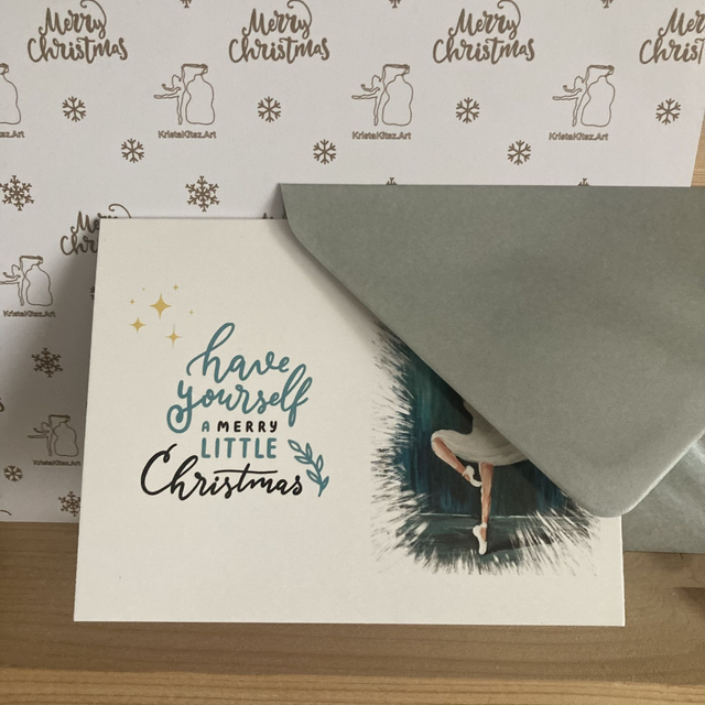 Luxe Kerstkaart Ballet Danseres schilderij donkerblauw | dubbele ansichtkaart met envelop