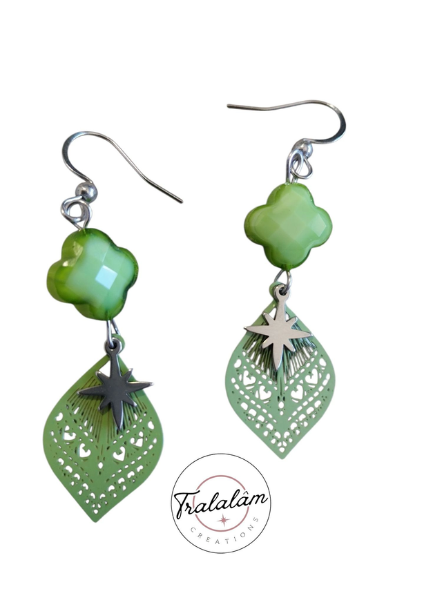 ✨Boucles d'oreilles légères filigranées trèfle vert clair étoile argent✨(166BO)