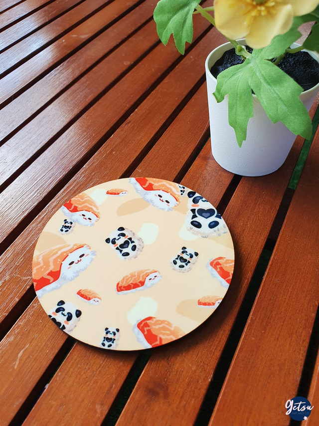 Sous-verre en bois contreplaqué, sushi et onigiri